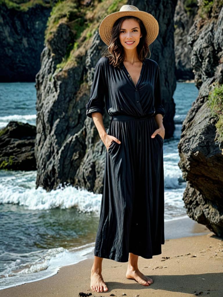 Woman in Black Dress and Straw Hat on Beach