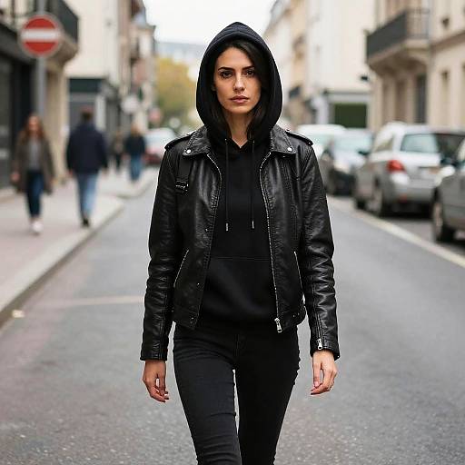 Woman in Black Leather Jacket and Hoodie with French Burglar Costume Style on City Street