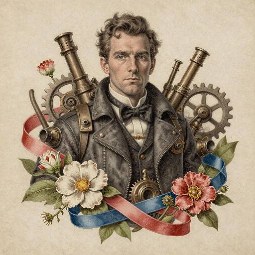 Steampunk Realistic Portrait of Victorian Man with Gears and Flowers