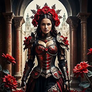 Regal Woman in Medieval Armor with Floral Accents