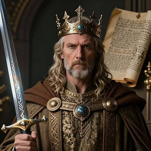 Medieval King Portrait with Ornate Sword and Golden Crown