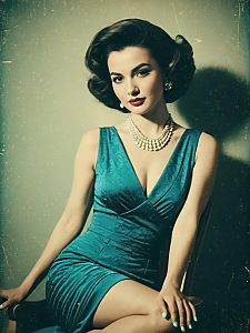 Vintage Pin-Up Woman in Teal Fitted Dress with Pearls