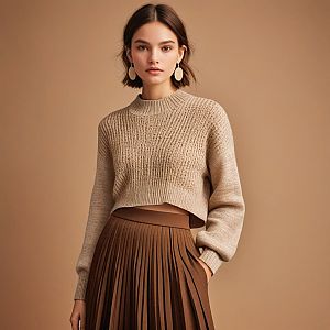 Young Woman in Beige Sweater and Brown Skirt