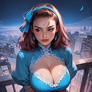 Woman in Elegant Blue Dress Against Night Cityscape