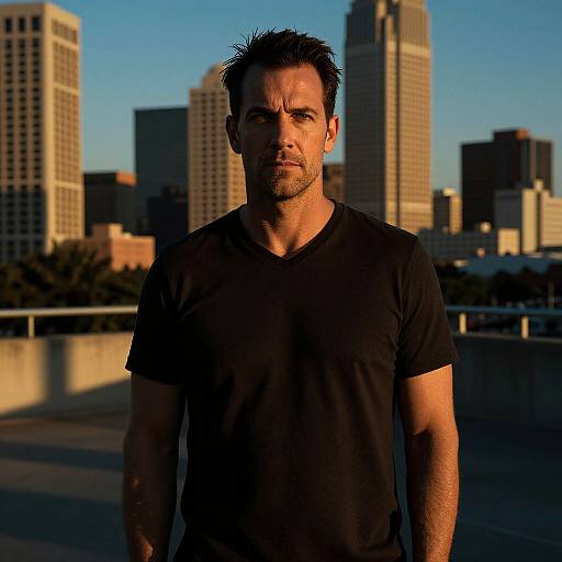 Confident Man on Rooftop with City Skyline at Golden Hour