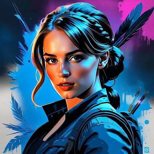 Digital Portrait of a Woman with Quiver in Futuristic Blue and Orange Lighting