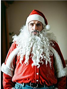 Realistic Santa Claus Man with Curly White Beard and Red Velvet Costume