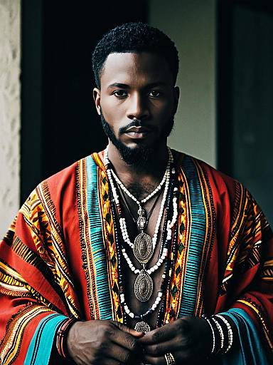 Dark Skinned Man Wearing Traditional Dashiki with Beaded Necklaces