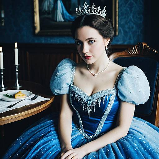 Frozen Queen Woman in Sparkling Blue Dress and Tiara