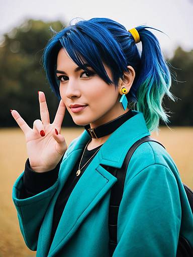Woman with Blue and Teal Hair in Teal Coat Outdoors
