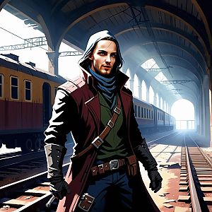 Confident Man on Train Tracks in Grand Railway Station