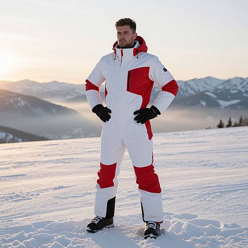 Man in White and Red Ski Suit Standing in Snowy Mountain Landscape