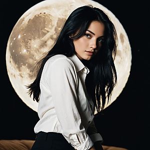 Portrait of a Woman with Full Moon Backdrop Realistic Style