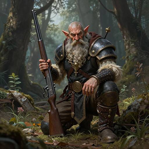 Dwarven Hunter Crouching with Rifle in Pathfinder Kingmaker Art Style