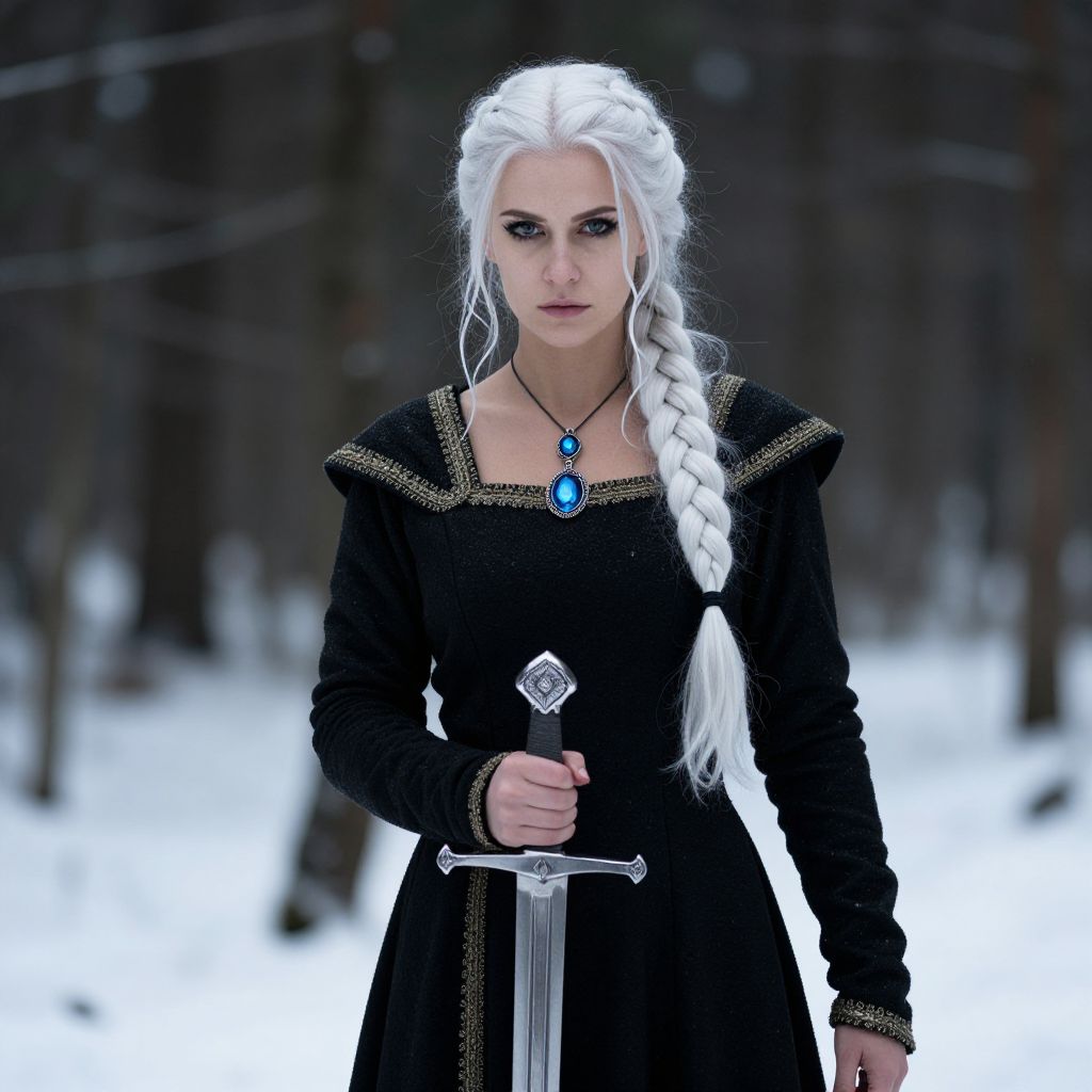 Medieval Fantasy Woman with White Hair Holding Sword in Snowy Forest