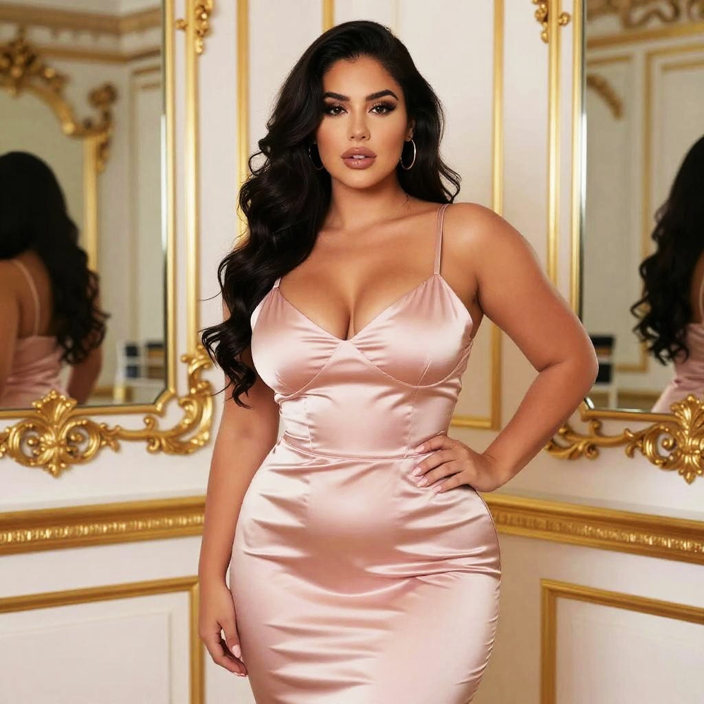 Glamorous Woman in Rose Pink Satin Dress in Elegant Gold Room