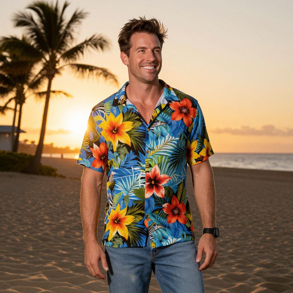 Man in Hawaiian Shirt on Beach at Sunset