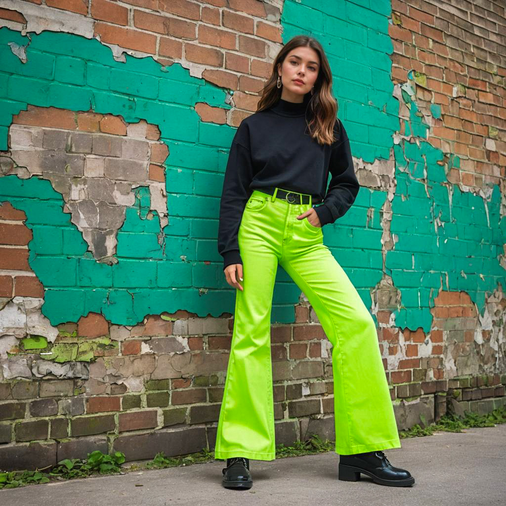 Woman in Black Top & Neon Green Pants Against Turquoise Wall