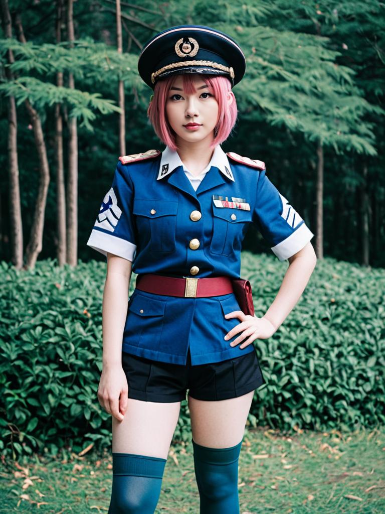 Akita Toushirou Cosplay in Blue Military Uniform Outdoors