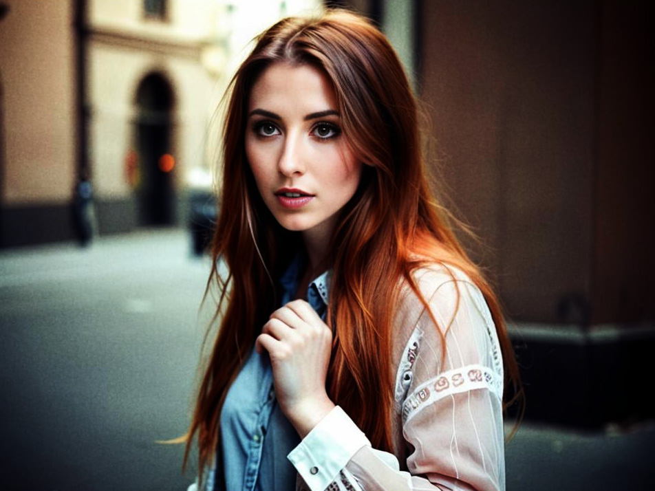 Stylish Young Woman with Red Hair in Urban Setting