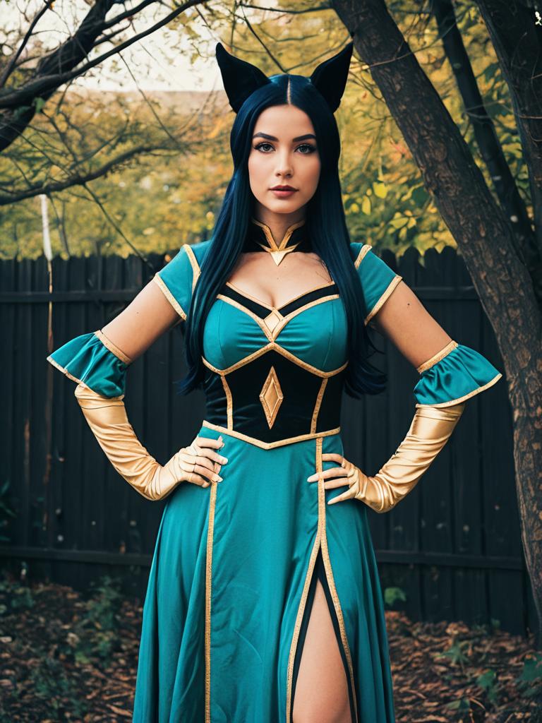 Realistic She-Ska Cosplay Woman Wearing Teal and Gold Costume