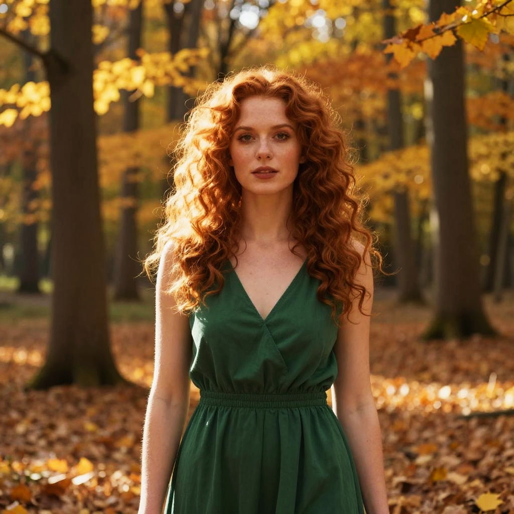 Portrait of Redhead Woman in Green Dress in Autumn Forest