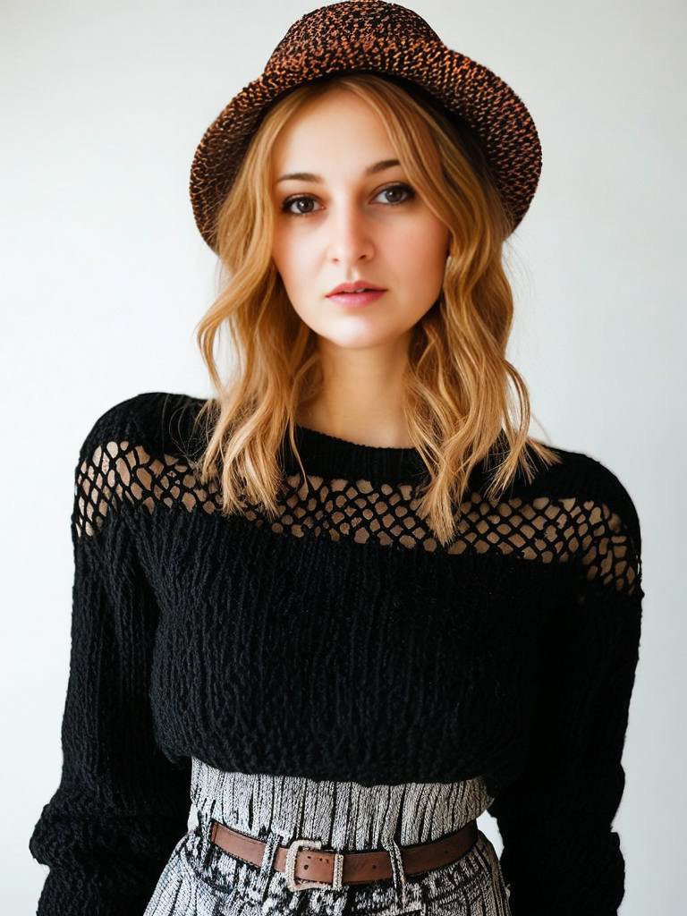 Stylish Woman in Black Sweater and Patterned Skirt