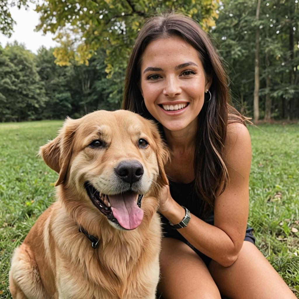 Cheerful Woman with Golden Retriever in Park