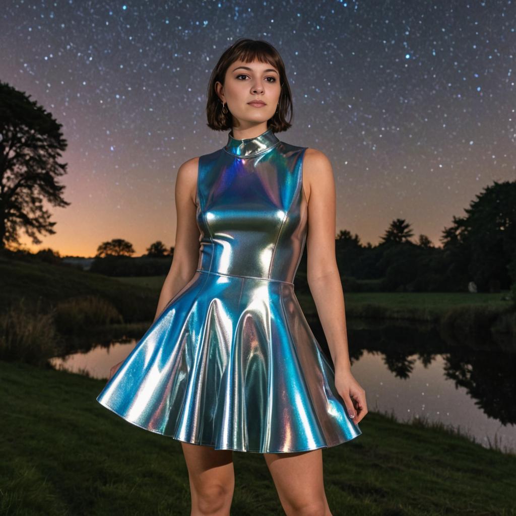 Futuristic Woman in Metallic Dress Under Starry Sky