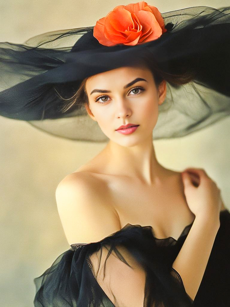 Elegant Woman in Black Hat with Orange Flower