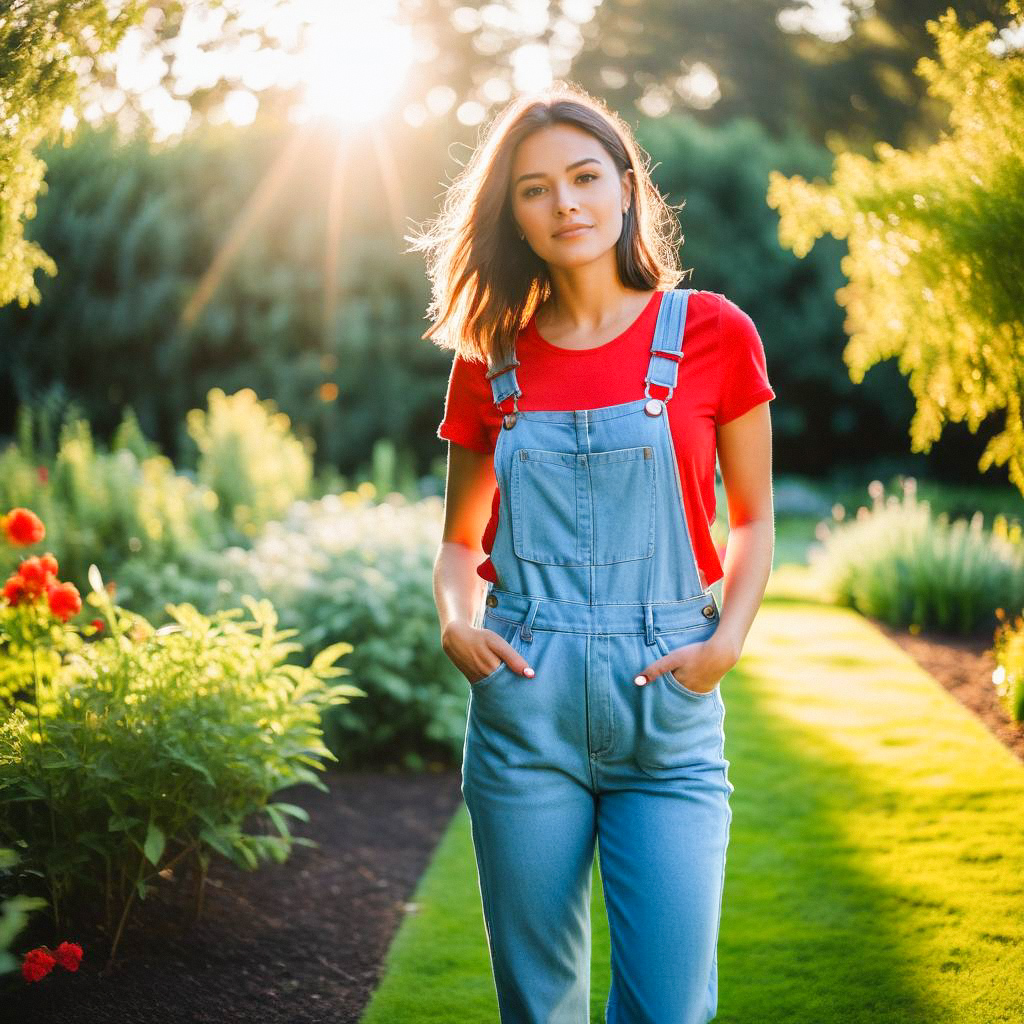 Confident Young Woman in Denim Overalls in Garden