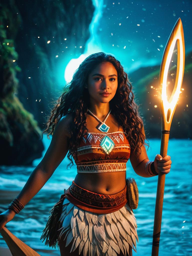 Woman in Island Attire with Glowing Staff at Dusk
