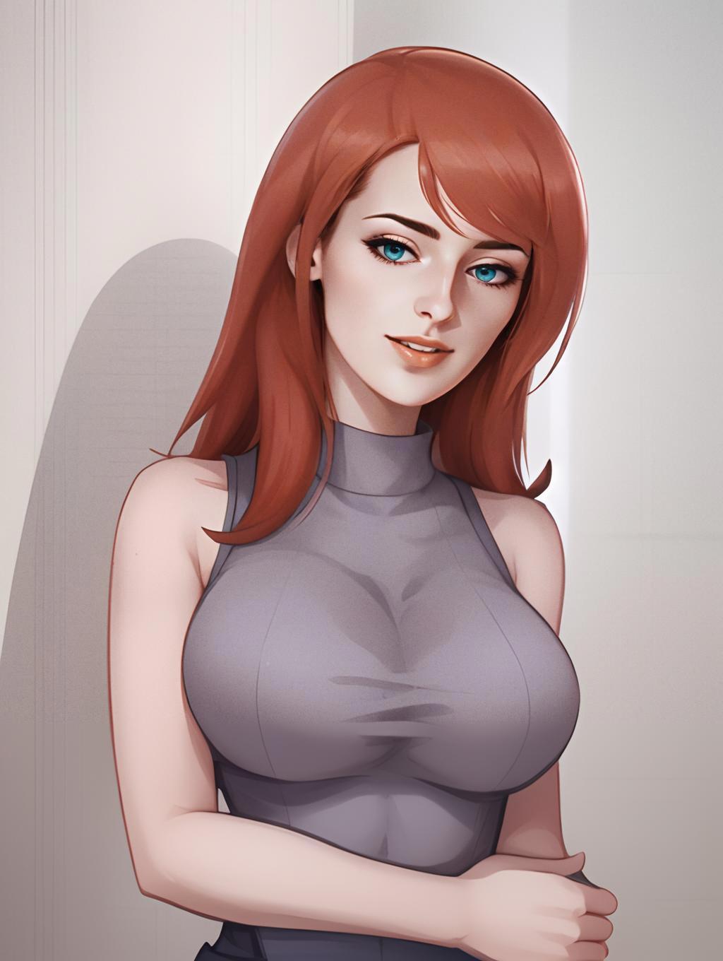 Kawaii Style Digital Portrait of Red-Haired Woman in Gray Top