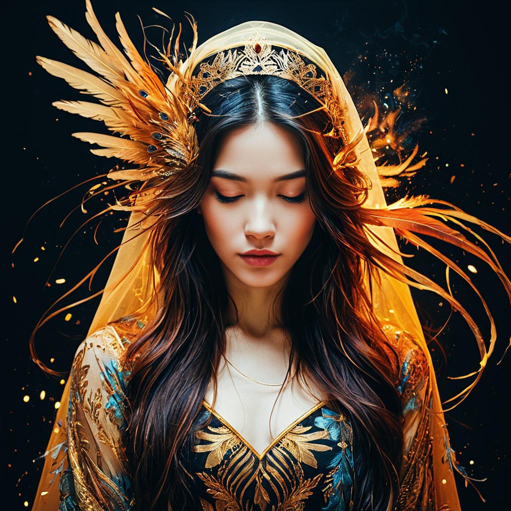 Regal Woman in Ornate Golden Crown and Embroidered Dress with Feathers