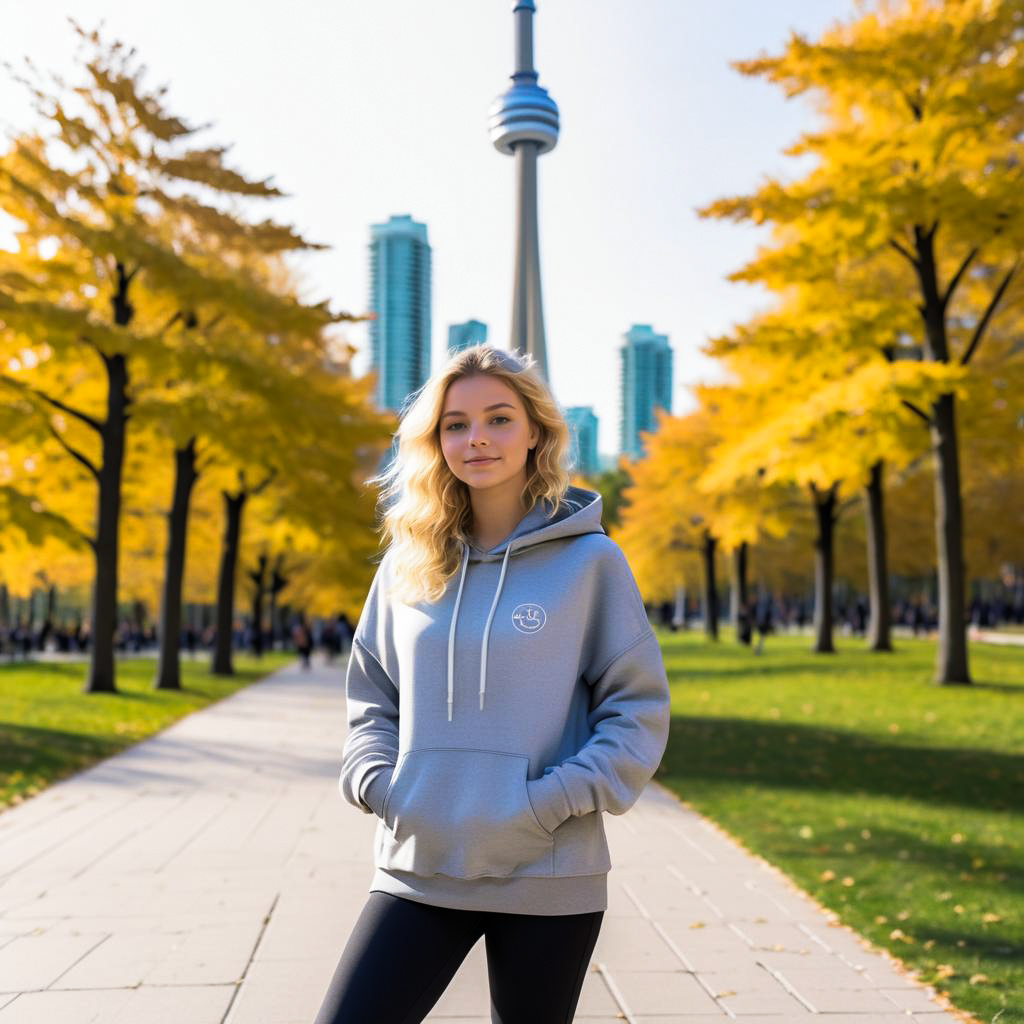 Young Woman in Hoodie with CN Tower and Autumn Foliage