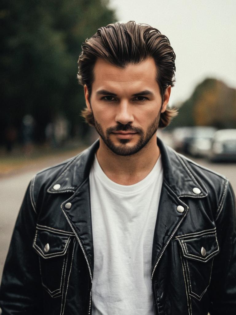 Grease Outfit Man in Black Leather Jacket with Slicked-Back Hair
