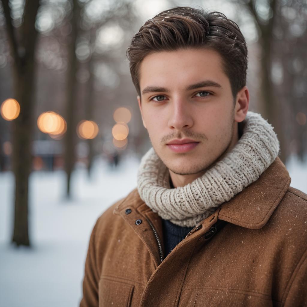 Young man in winter landscape with brown coat and scarf