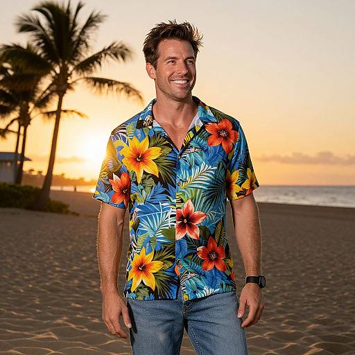 Man in Hawaiian Shirt on Beach at Sunset
