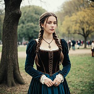 Young Woman in Renaissance Costume in Park