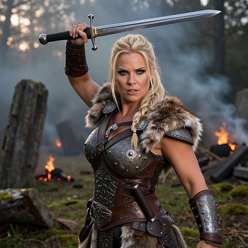 Viking Warrior Woman in Armor Holding Sword in Fiery Forest
