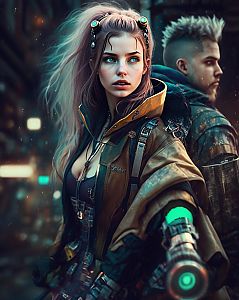 Cyberpunk Woman with Vibrant Hair in Futuristic Setting