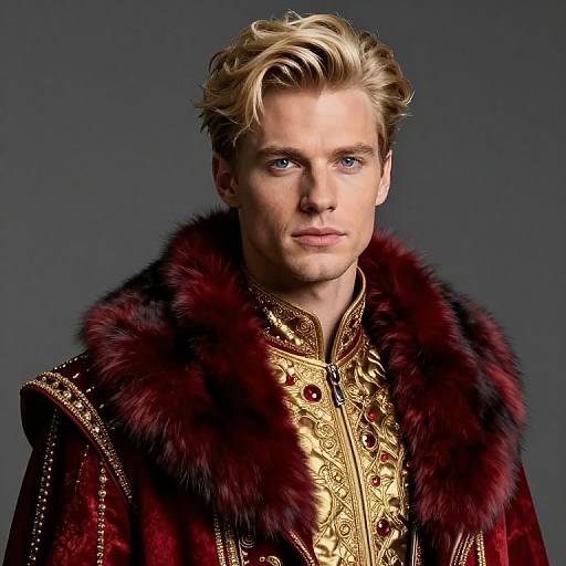 Royal Man in Ornate Gold and Red Velvet Royal Costume with Fur Collar