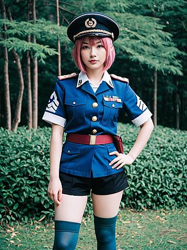 Akita Toushirou Cosplay in Blue Military Uniform Outdoors