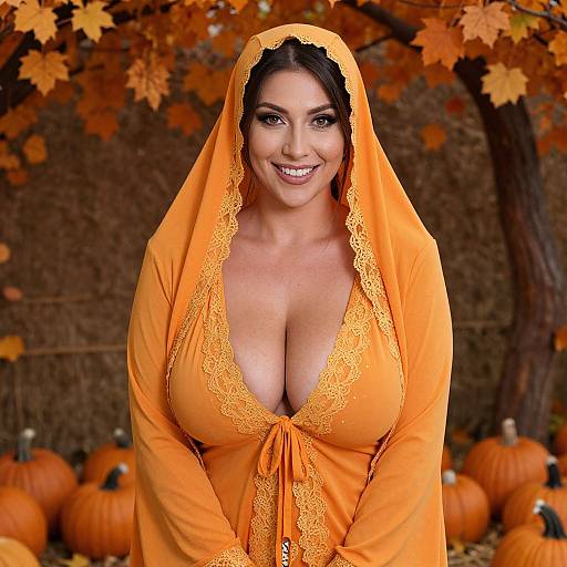 Woman in Orange Fall Outfit with Pumpkins and Autumn Leaves