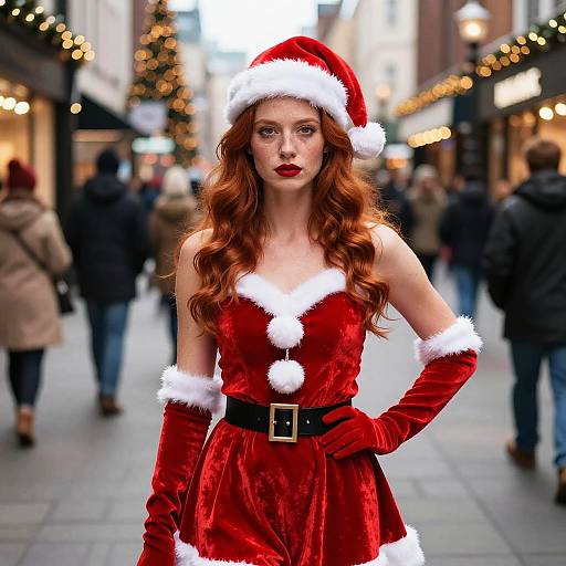 Red-Haired Woman in Santa Costume on Festive City Street