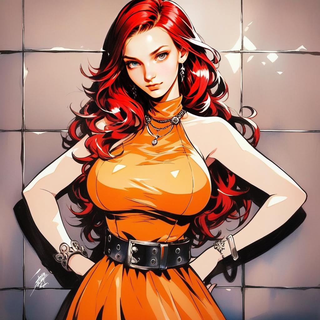 Confident Woman in Orange Dress with Red Hair
