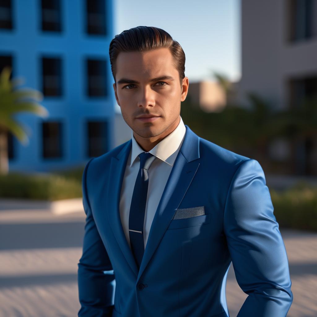 Confident man in blue suit against modern architecture