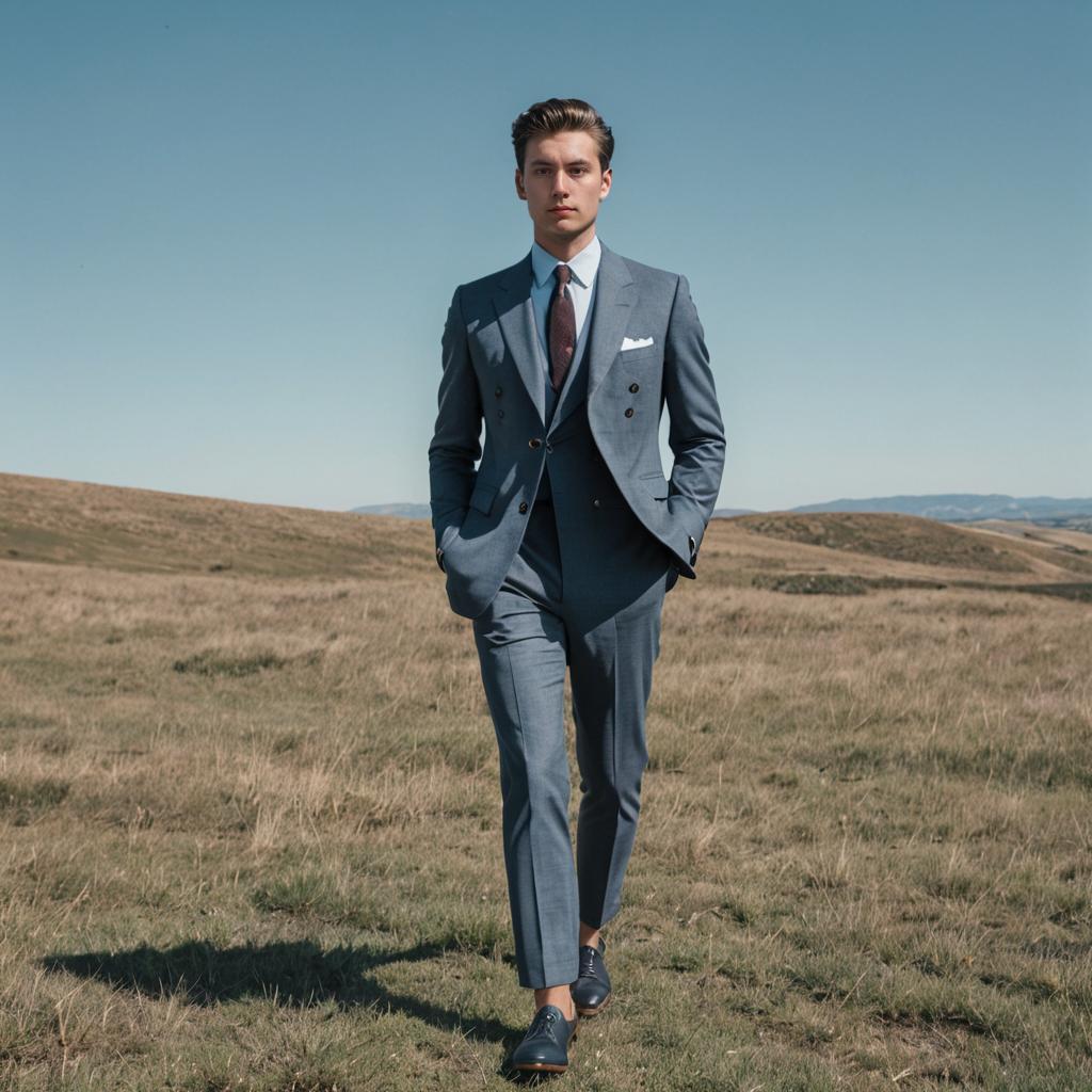 Stylish Man in Gray Suit in Open Field