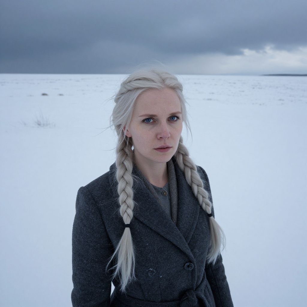 Woman in Grey Coat with Blonde Braids in Snowy Landscape