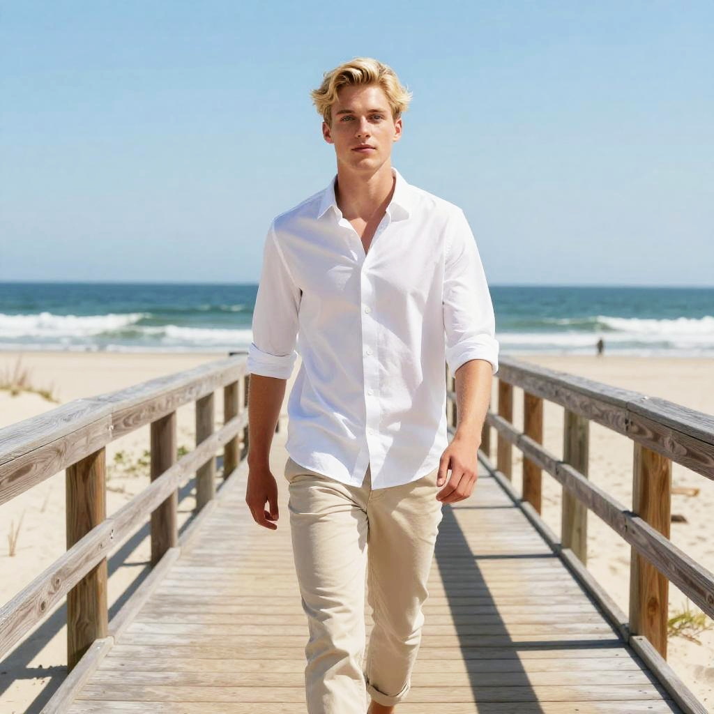 Young Man Walking on Beach Boardwalk in Casual Summer Outfit